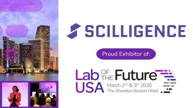 Lab of the Future image with scilligence logo, date and location of event and a picture of the Boston skyline