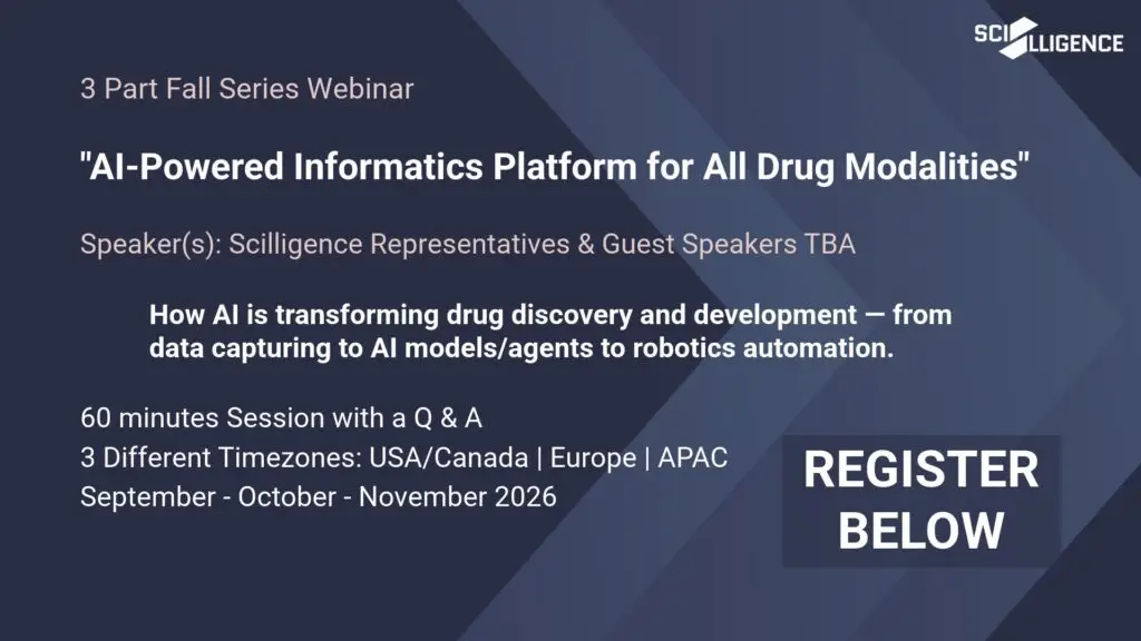 Join Scilligence this fall for a three-part webinar series on AI-powered informatics and robotics integration, built for scientists and R&D teams. Register now.